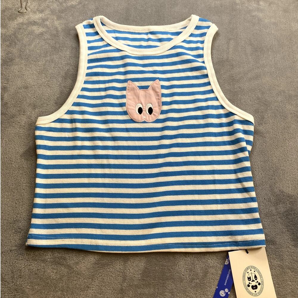 Cider Cat Graphic Crop Tank Top Women’s L Blue White Striped Cotton Blend NWT